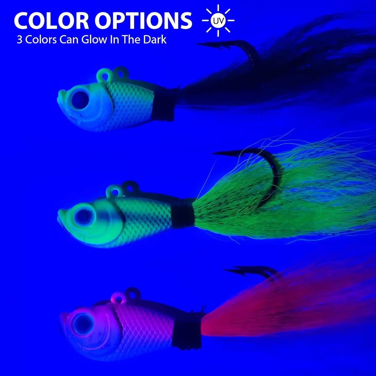 Eupheng UV Bucktail Jig Glow in Dark Bucktail Fishing Jig Head Hair Jigs for 7g-56g Bass Fresh & Saltwater Fishing Accessories