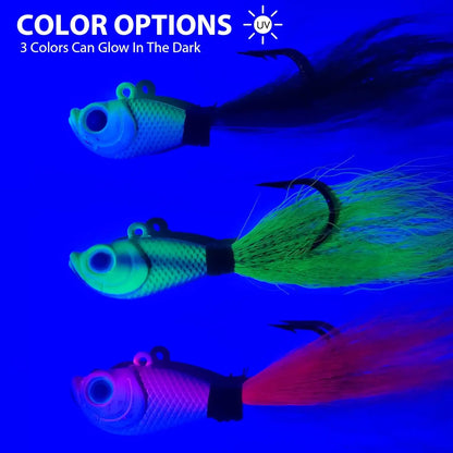 Eupheng UV Bucktail Jig Glow in Dark Bucktail Fishing Jig Head Hair Jigs for 7g-56g Bass Fresh & Saltwater Fishing Accessories