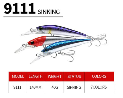 140mm 40g Sinking Trolling Slim Minnow Fishing Lures Wobbler Long Casting Swimbait Saltwater Seabass Artificial Bait Equipment