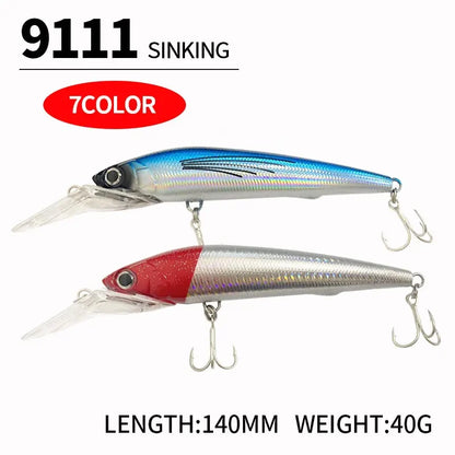 140mm 40g Sinking Trolling Slim Minnow Fishing Lures Wobbler Long Casting Swimbait Saltwater Seabass Artificial Bait Equipment