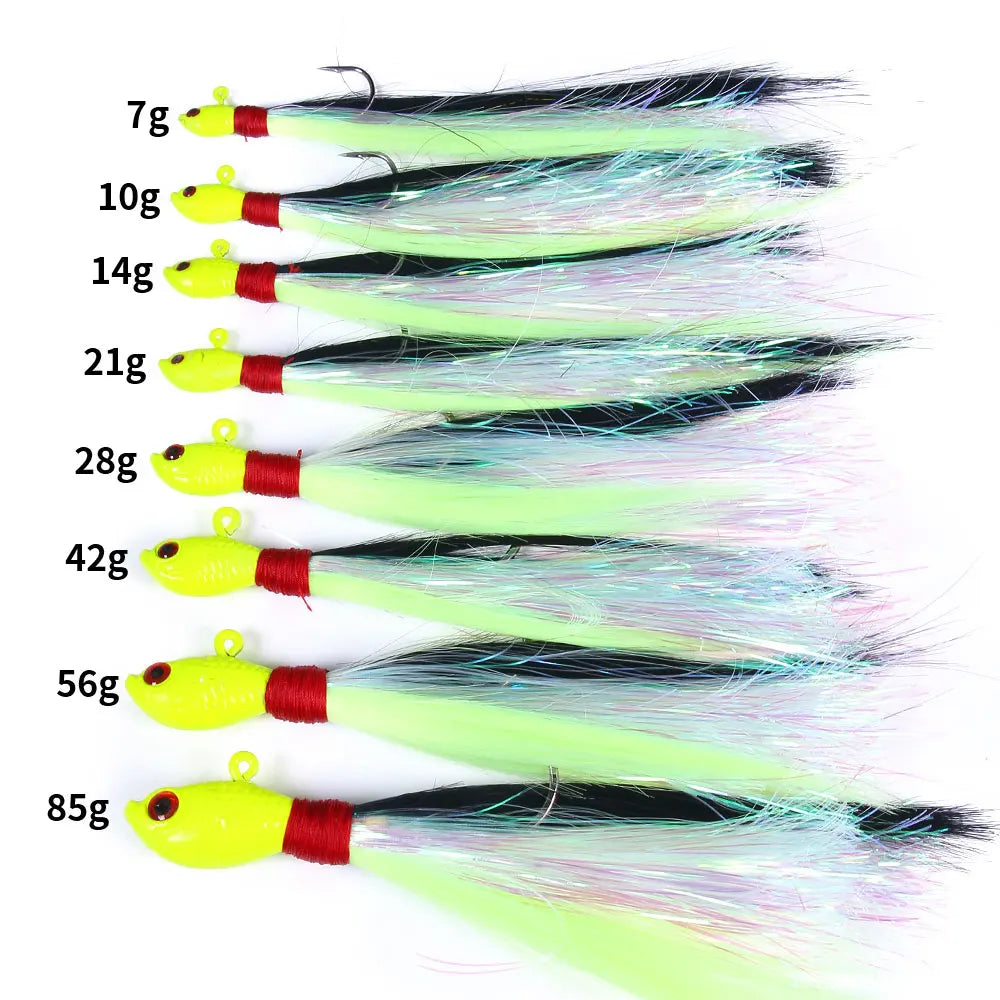 Bucktail Jigs Head Hook 3D Eyes Bait 7g 14g 28g 56g Deer Hair Feather Hook Beard Jigging Lure Fishing