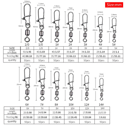 MEREDITH 50PCS Pike Fishing Accessories Connector Pin Bearing Rolling Swivel Stainless Steel Snap Fishhook Lure Swivels Tackle