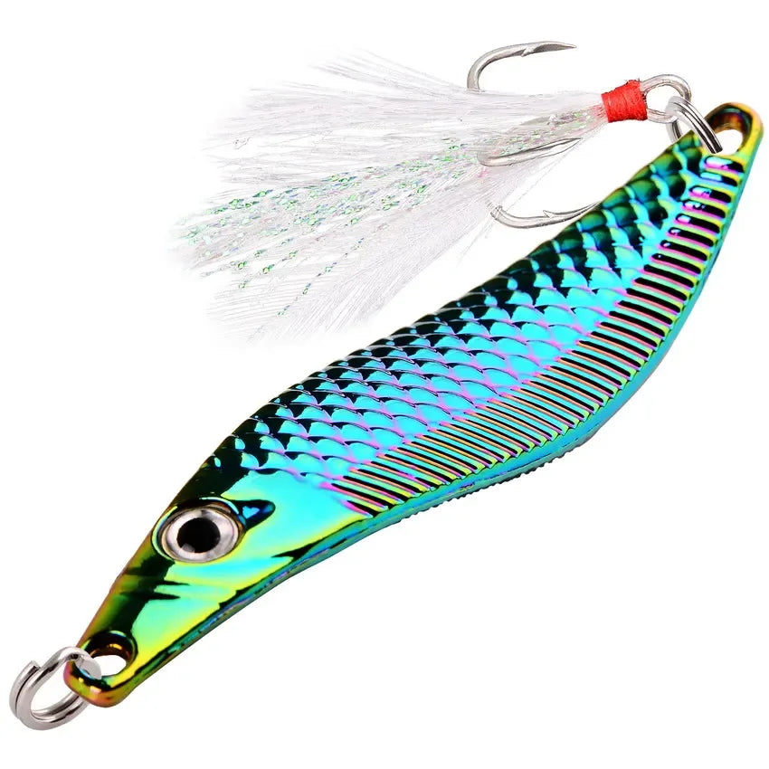 Aorace Metal VIB Leech Spinners Spoon Lures 7g-20g Artificial Bait With Feather Hook Night Fishing Tackle for Bass Pike Perch