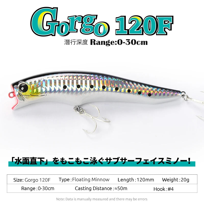 TSURINOYA 120F Ultra Long Casting Shallow Range Floating Minnow Beach Fishing Lure 120mm 20g 0-30cm GORGO Saltwater Hard Baits