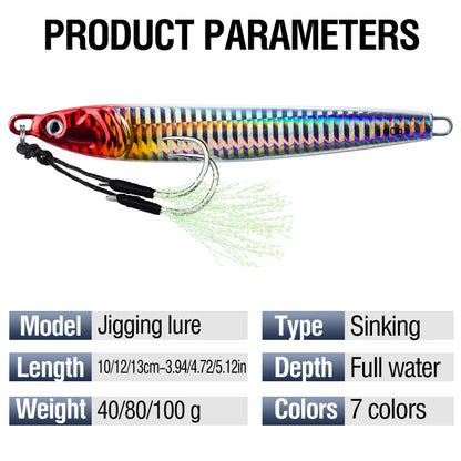 7Pcs 40g 80g 100g Luminous Fast Jigging Casting Lure 7Colors Fishing Metal Jig Bait With Double Assist Hook