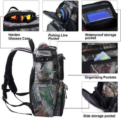 Fishing Tackle Backpack Waterproof Tackle Bag Storage with 4 Trays Tackle Box and Protective Rain Cover for Camping