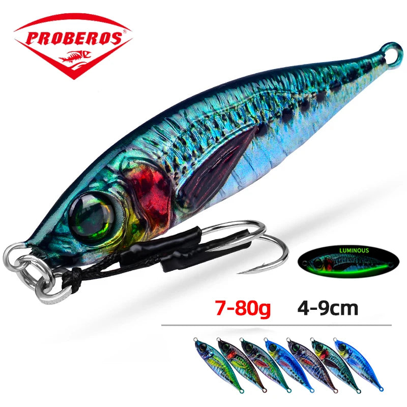 PRO BEROS Metal Slow Fishing Jigs Luminous Slow Jigging Lure 7-80g Casting Saltwater Grouper Tuna Trolling Fishing Spoon Bait