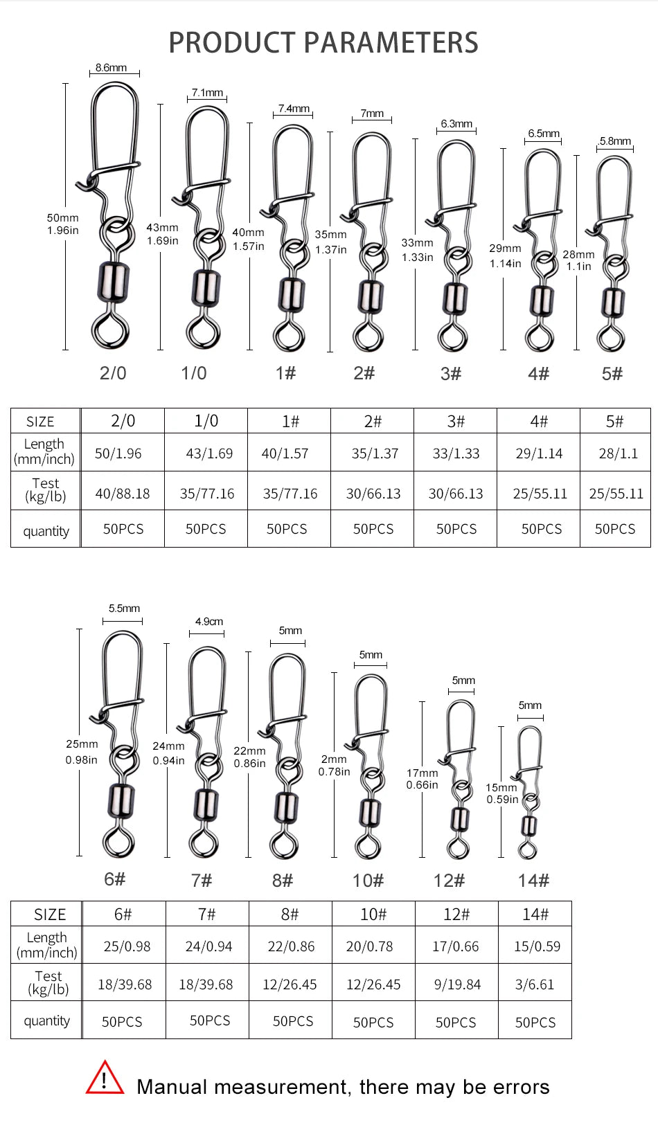 MEREDITH 50PCS Pike Fishing Accessories Connector Pin Bearing Rolling Swivel Stainless Steel Snap Fishhook Lure Swivels Tackle