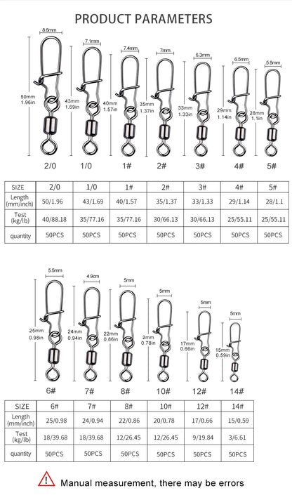 MEREDITH 50PCS Pike Fishing Accessories Connector Pin Bearing Rolling Swivel Stainless Steel Snap Fishhook Lure Swivels Tackle