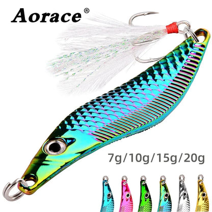 Aorace Metal VIB Leech Spinners Spoon Lures 7g-20g Artificial Bait With Feather Hook Night Fishing Tackle for Bass Pike Perch