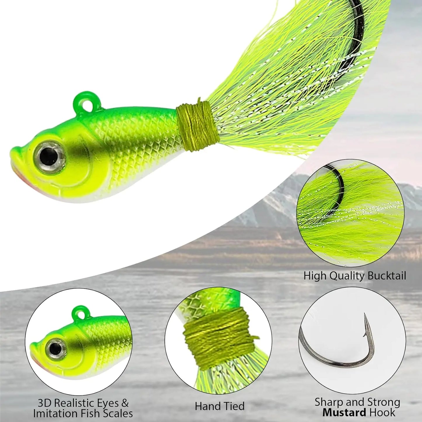 Eupheng UV Bucktail Jig Glow in Dark Bucktail Fishing Jig Head Hair Jigs for 7g-56g Bass Fresh & Saltwater Fishing Accessories