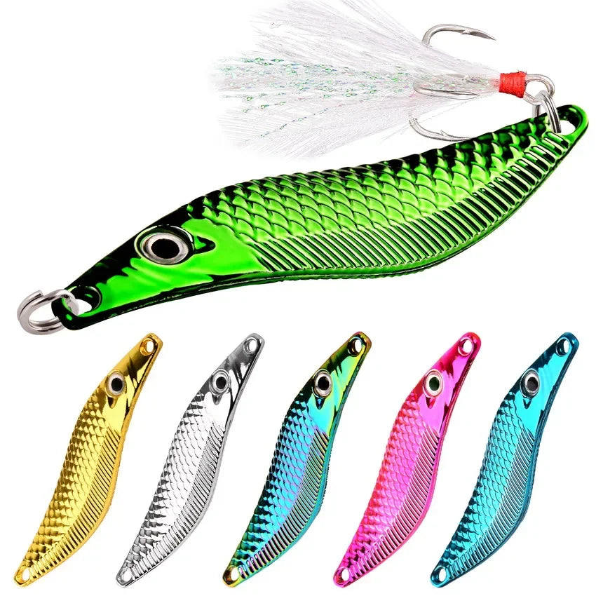 Aorace Metal VIB Leech Spinners Spoon Lures 7g-20g Artificial Bait With Feather Hook Night Fishing Tackle for Bass Pike Perch