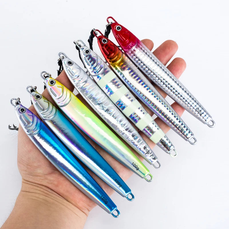 7Pcs 40g 80g 100g Luminous Fast Jigging Casting Lure 7Colors Fishing Metal Jig Bait With Double Assist Hook