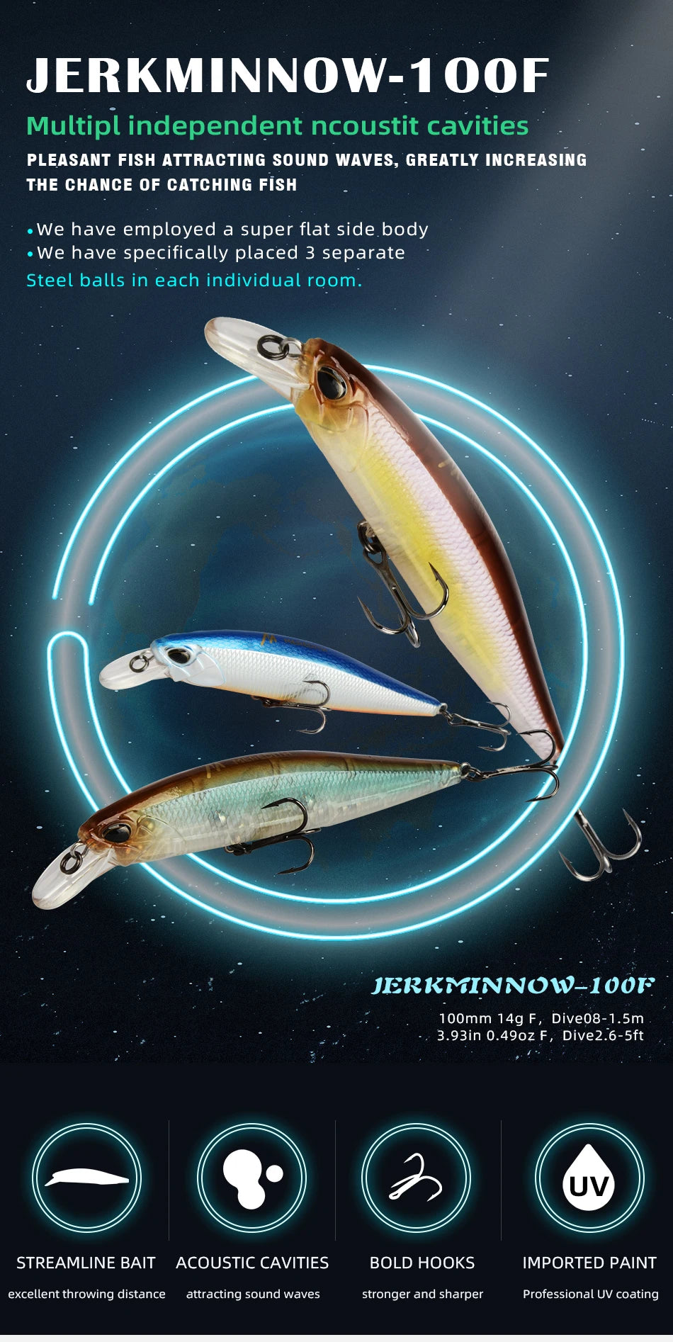 MEREDITH JERK MINNOW 100F 14g  Floating Wobbler Fishing Lure 24Color Minnow Lure Hard Bait Quality Professional Depth0.8-1.0m