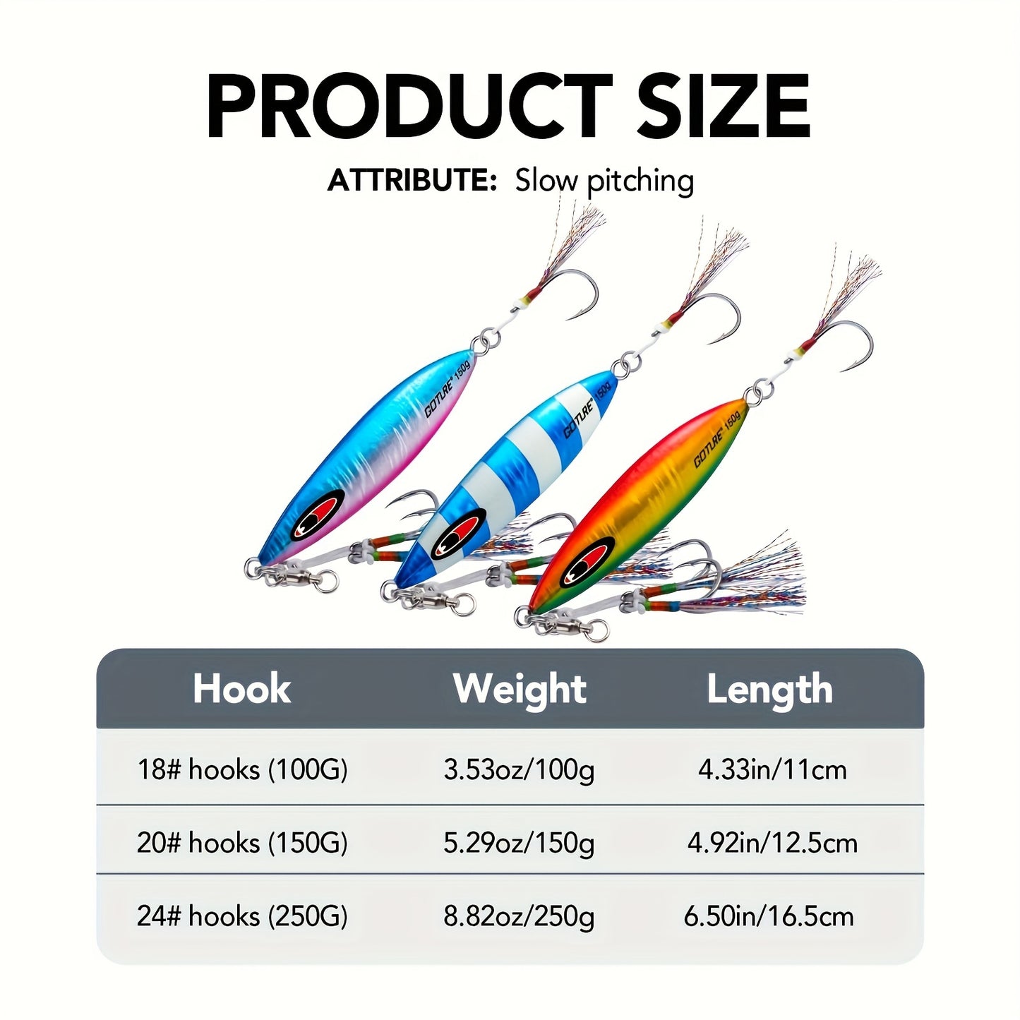 3pcs Goture Slow Fall Luminous Lead Jigs - Vertical Saltwater Artificial Lures with Dual Mustad Hooks for Tuna, Kingfish, Bass, Salmon - 100g/150g/250g, Premium Fishing Lures for Deep Water Fishing