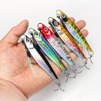 5-Pack Mixed Color Fishing Jigs 17g-60g Saltwater Metal Jigging Spoons with Assist Hooks, Perfect for Sea Fishing, Trout, and Artificial Bait - 3D Eyes Simulation, Strong Circle Hooks - Lead Material, Ideal for Christmas & Sp