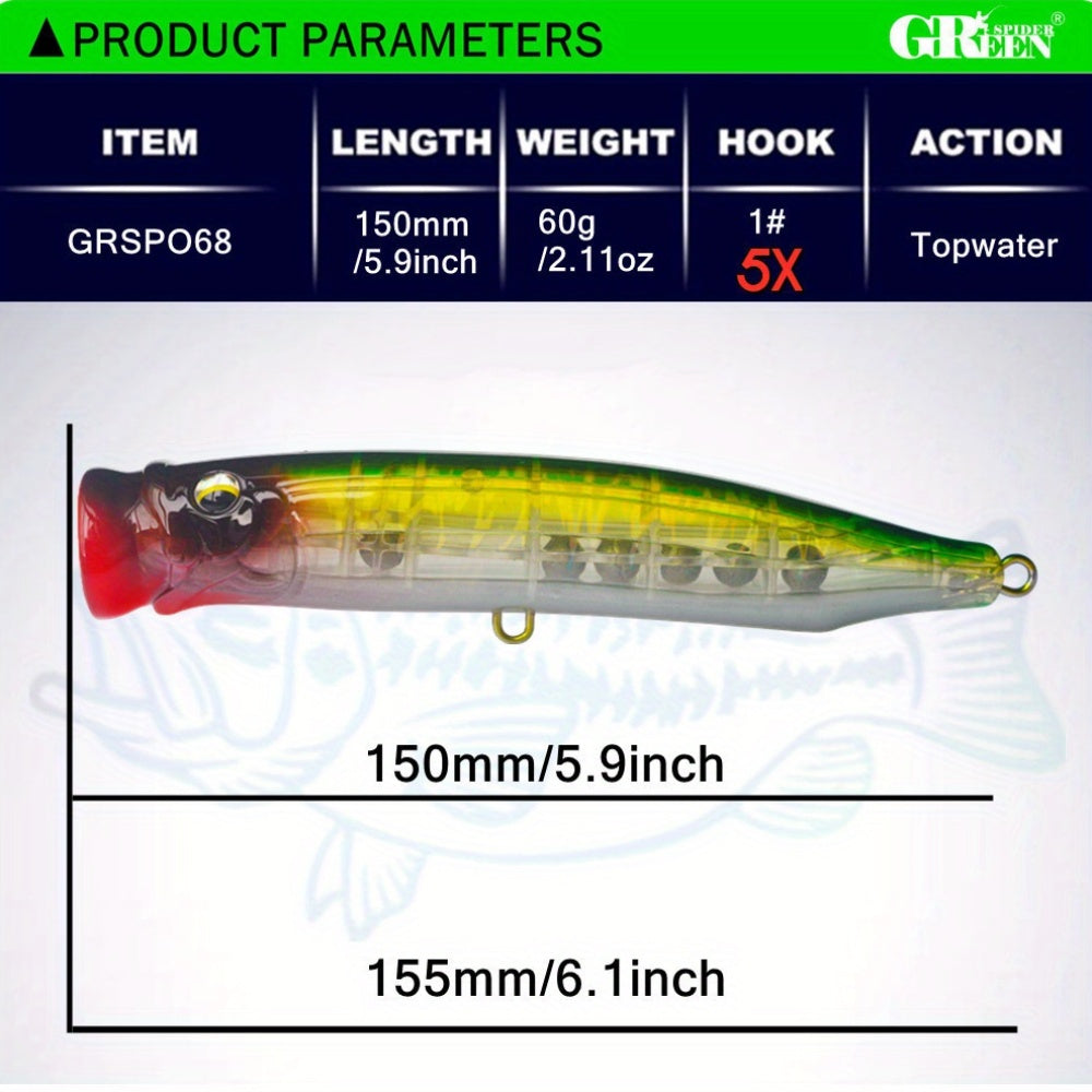 1 GRSPIDER Popper Fishing Lure: 5.91inch/60g Topwater Spinner Popper with 3D Bionic Fish Eye and Quality Treble Hook - Perfect for Tuna and Amberjack