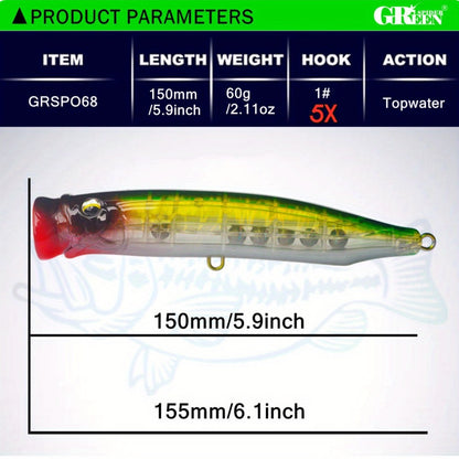 1 GRSPIDER Popper Fishing Lure: 5.91inch/60g Topwater Spinner Popper with 3D Bionic Fish Eye and Quality Treble Hook - Perfect for Tuna and Amberjack