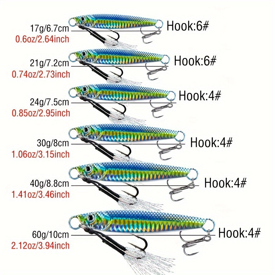 5-Pack Mixed Color Fishing Jigs 17g-60g Saltwater Metal Jigging Spoons with Assist Hooks, Perfect for Sea Fishing, Trout, and Artificial Bait - 3D Eyes Simulation, Strong Circle Hooks - Lead Material, Ideal for Christmas & Sp