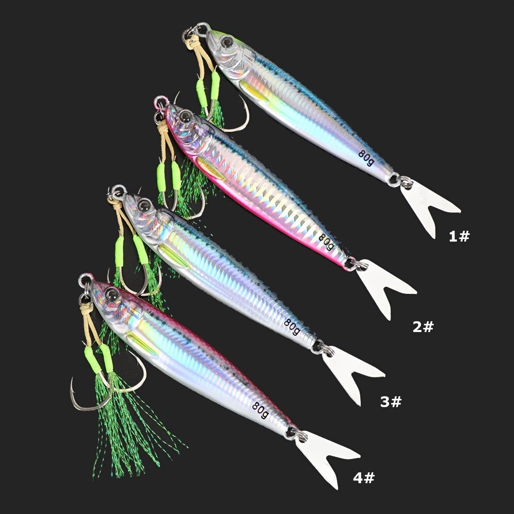 4pcs Slow Sinking Fishing Lure Set - 40G/60G/80G Metal Jig Baits With Sequins, Ideal For Freshwater & Saltwater Angling