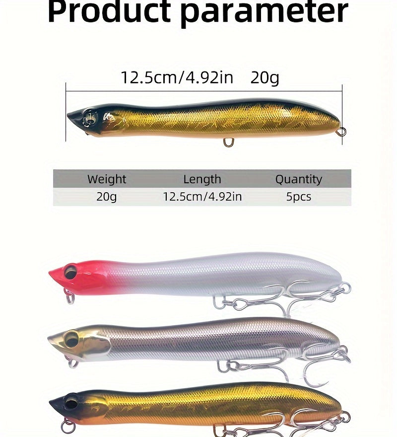 5PCS Topwater Popper Fishing Lures Set - Artificial Bait for Freshwater Saltwater with ABS and Carbon Steel Hooks